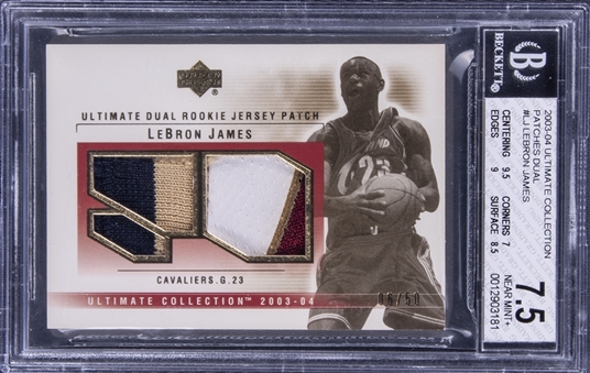 2003-04 UD Ultimate Collection Patches Dual #LJ LeBron James Jersey Patch Rookie Card (#06/50) - BGS NM+ 7.5